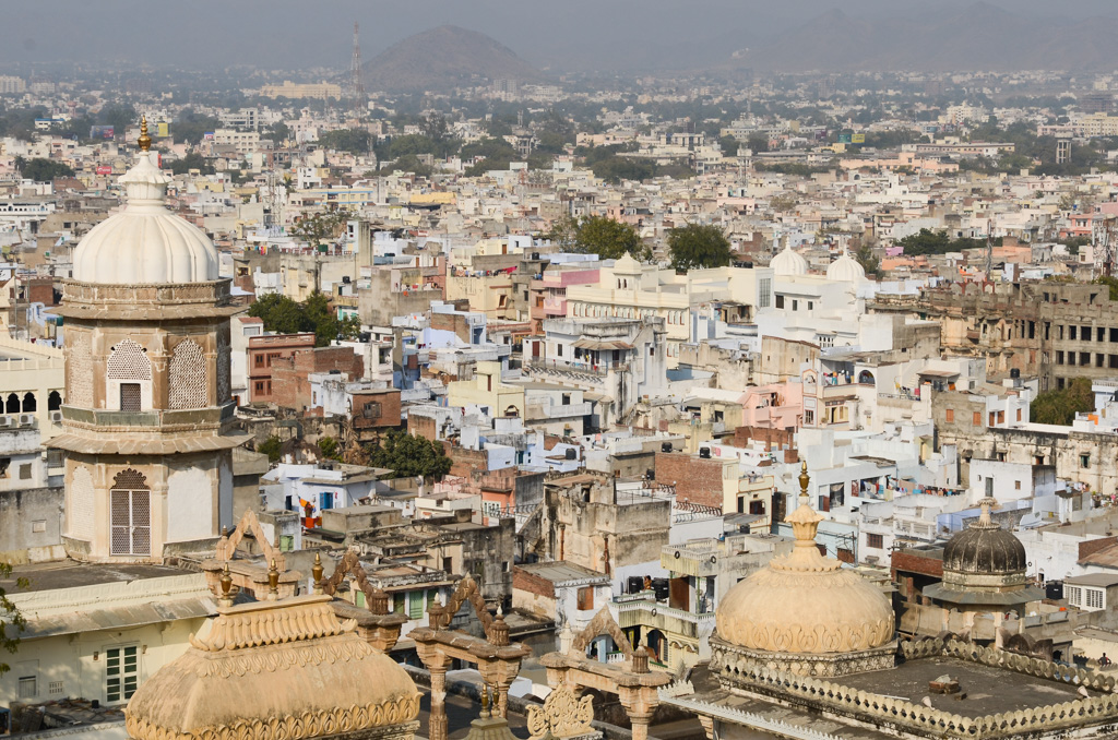 a hazy view of Udaipur from the City Palace.