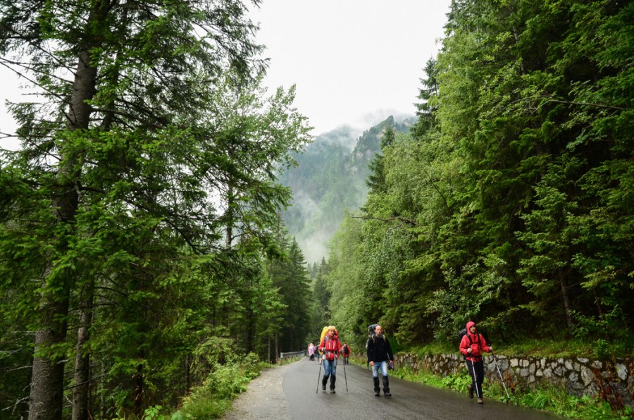 hikers on the paved road to Morskie Oko.