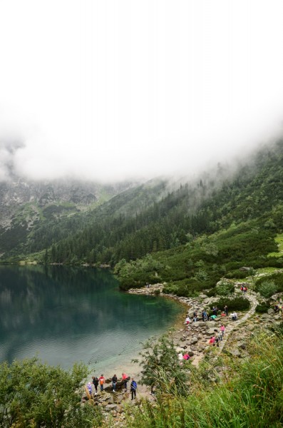 the foggy south-facing view of Morskie Oko from the mountain lodge.