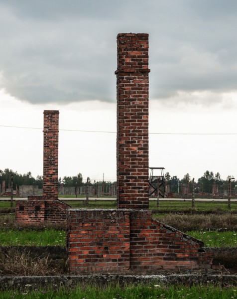 brick chimneys from no-longer-standing buildings at Birkenau.