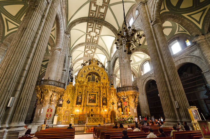 The interior of Mexico City's massive cathedral, in El Centro Historico. GreatDIstances.