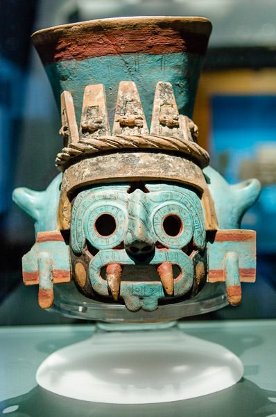 A ceramic representation of Tlaloc, the rain god of the Aztecs. Museo de Templo Mayor in Mexico City's Centro Historico. GreatDistances.