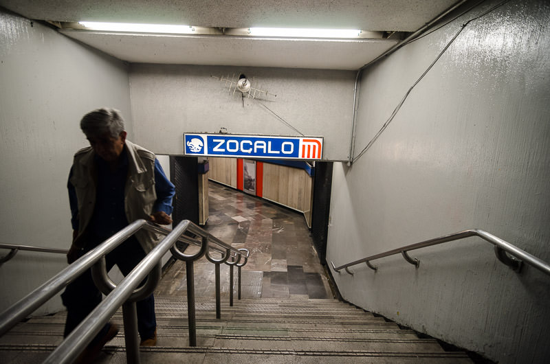The stairs down into the Zocalo metro station in Mexico City's Centro Historico.