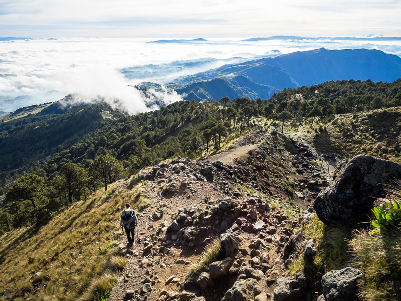 Hiker descending Volcan Tajumulco in Guatemala.