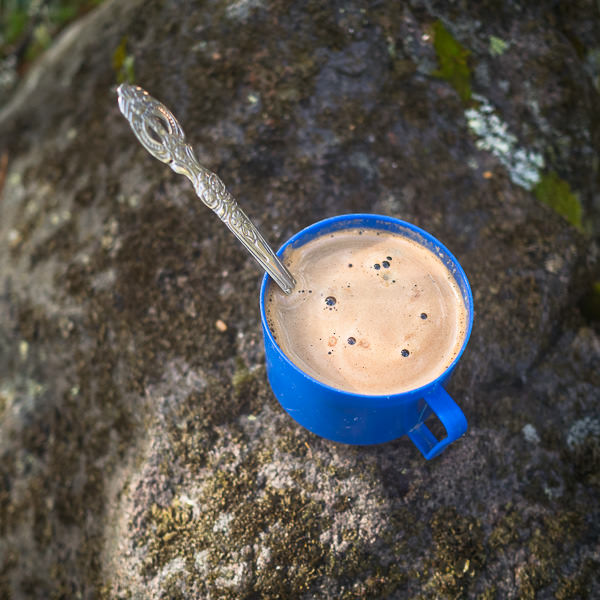 Hot chocolate mixed with coffee, served on Tajumulco.