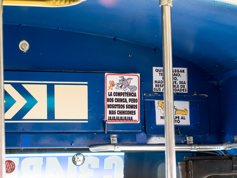 a sign inside a camioneta in San Marcos, Guatemala