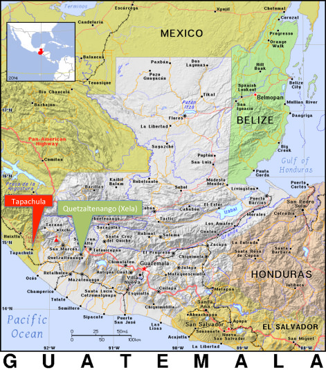 Tapachula and Quetzaltenango on a map of Guatemala. CA-4 Visa Renewal - GreatDistances