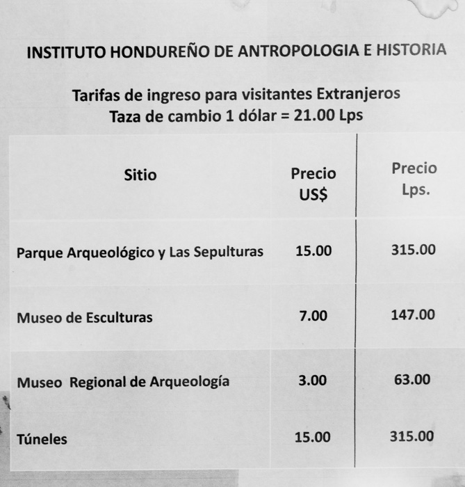 Current prices at Copán's Mayan ruins as of October 2014. GreatDistances / Matt Wicks