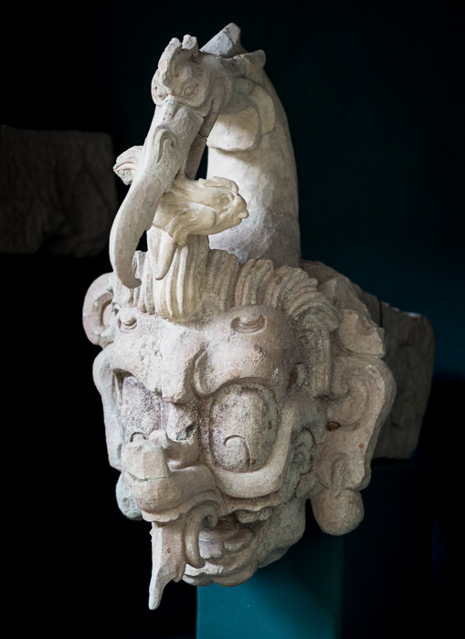 The evil-looking "water bird" sculpture - the highest-relief piece found at Copán Ruins, Honduras. GreatDistances / Matt Wicks