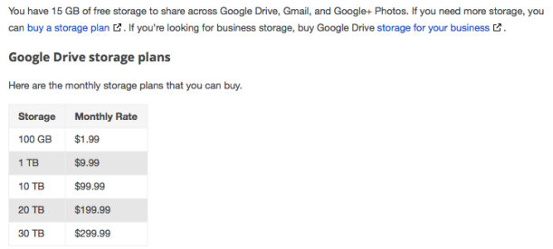 Google Drive pricing as of October 2014.