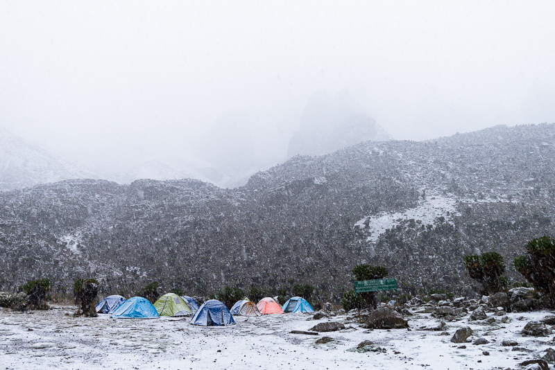 Shiptons Camp in snow. Mount Kenya. GreatDistances / Matt Wicks